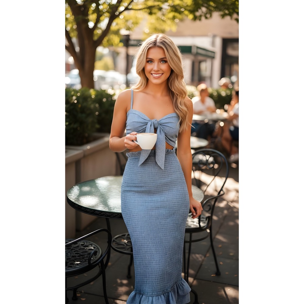 Mable Women's Gingham Tie-Front Smocked Midi Dress - Blue Ruffle Hem